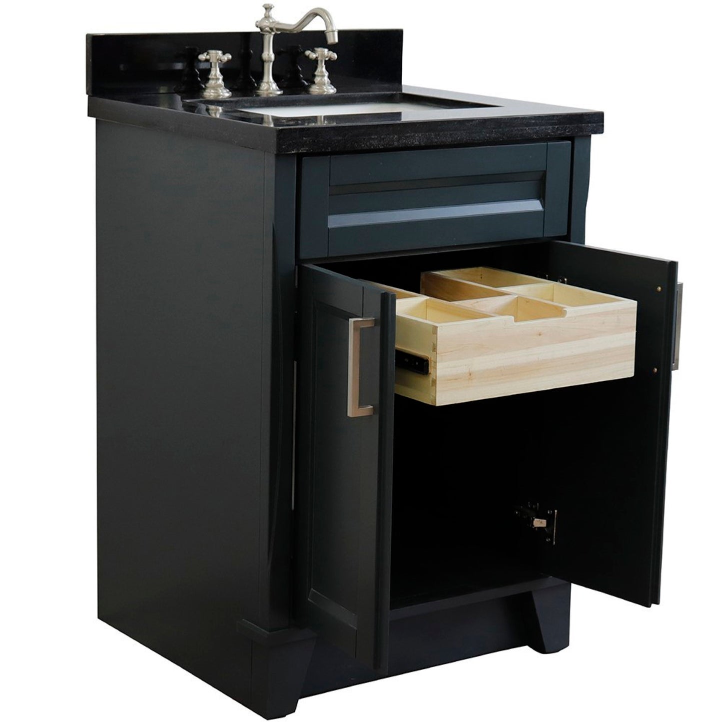 25" Single sink vanity in Dark Gray finish with Black galaxy granite and rectangle sink