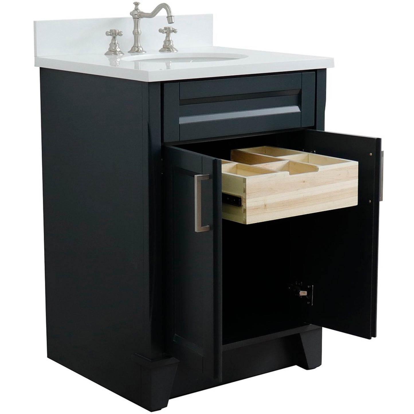 25" Single sink vanity in Dark Gray finish with White engineered stone and oval sink