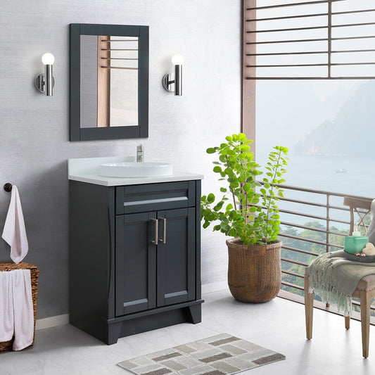25" Single sink vanity in Dark Gray finish with White engineered stone and round sink