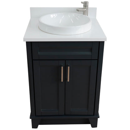 25" Single sink vanity in Dark Gray finish with White engineered stone and round sink