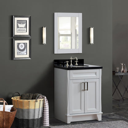 25" Single sink vanity in White finish with Black galaxy granite and oval sink