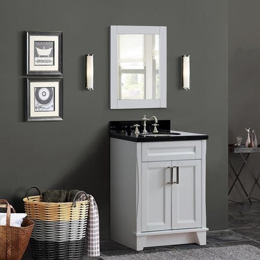 25" Single sink vanity in White finish with Black galaxy granite and oval sink
