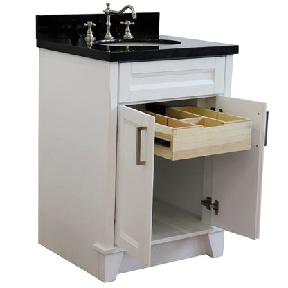 25" Single sink vanity in White finish with Black galaxy granite and oval sink