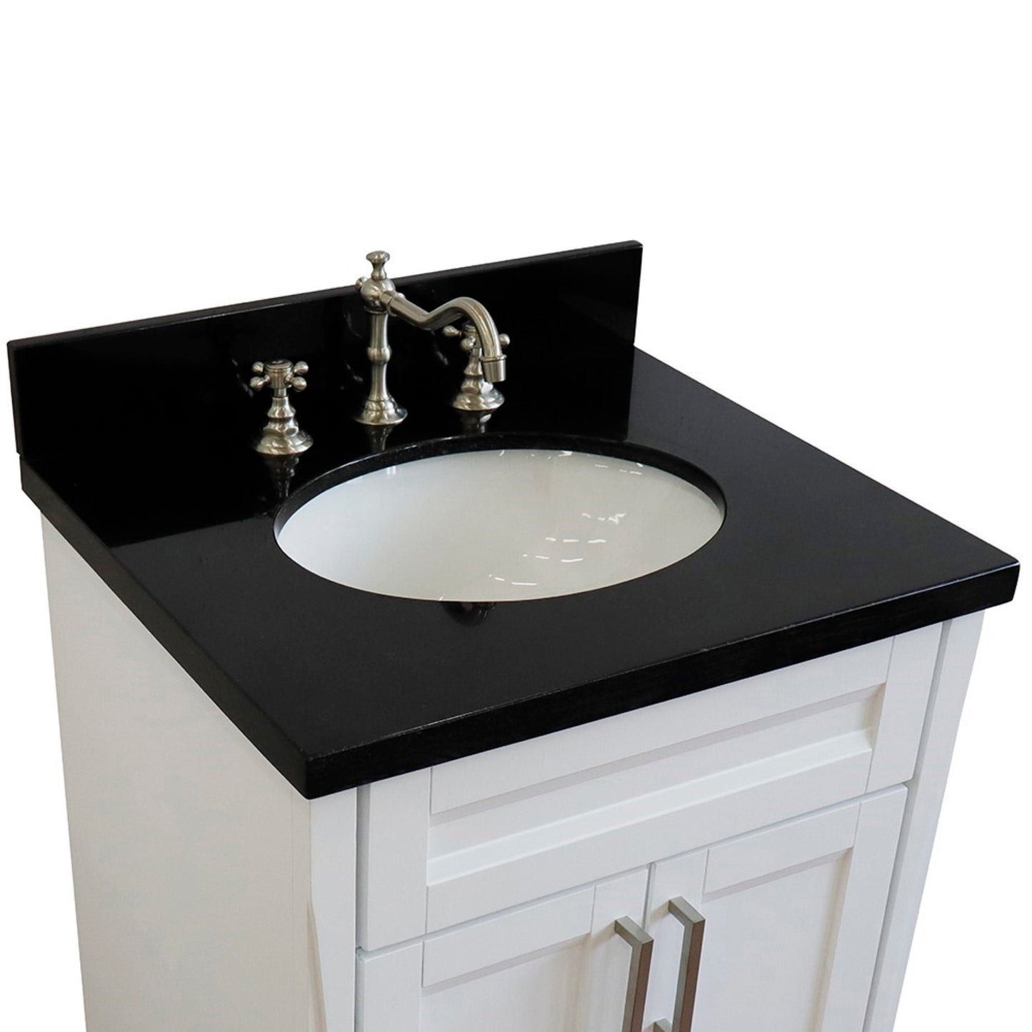 25" Single sink vanity in White finish with Black galaxy granite and oval sink