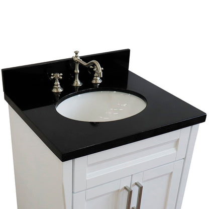 25" Single sink vanity in White finish with Black galaxy granite and oval sink