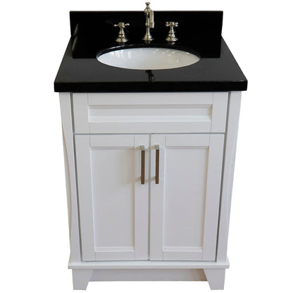 25" Single sink vanity in White finish with Black galaxy granite and oval sink