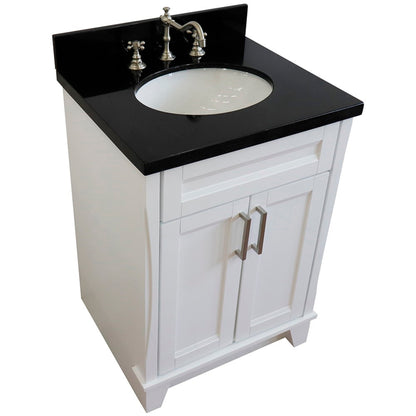 25" Single sink vanity in White finish with Black galaxy granite and oval sink