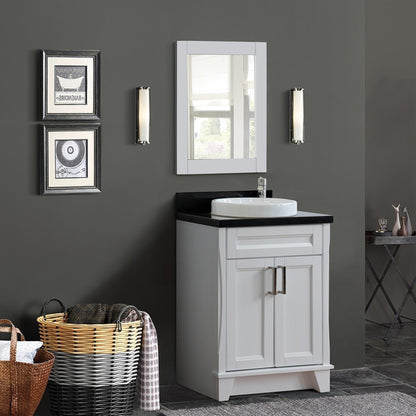 25" Single sink vanity in White finish with Black galaxy granite and round sink