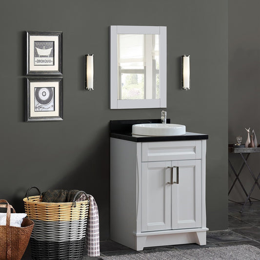 25" Single sink vanity in White finish with Black galaxy granite and round sink