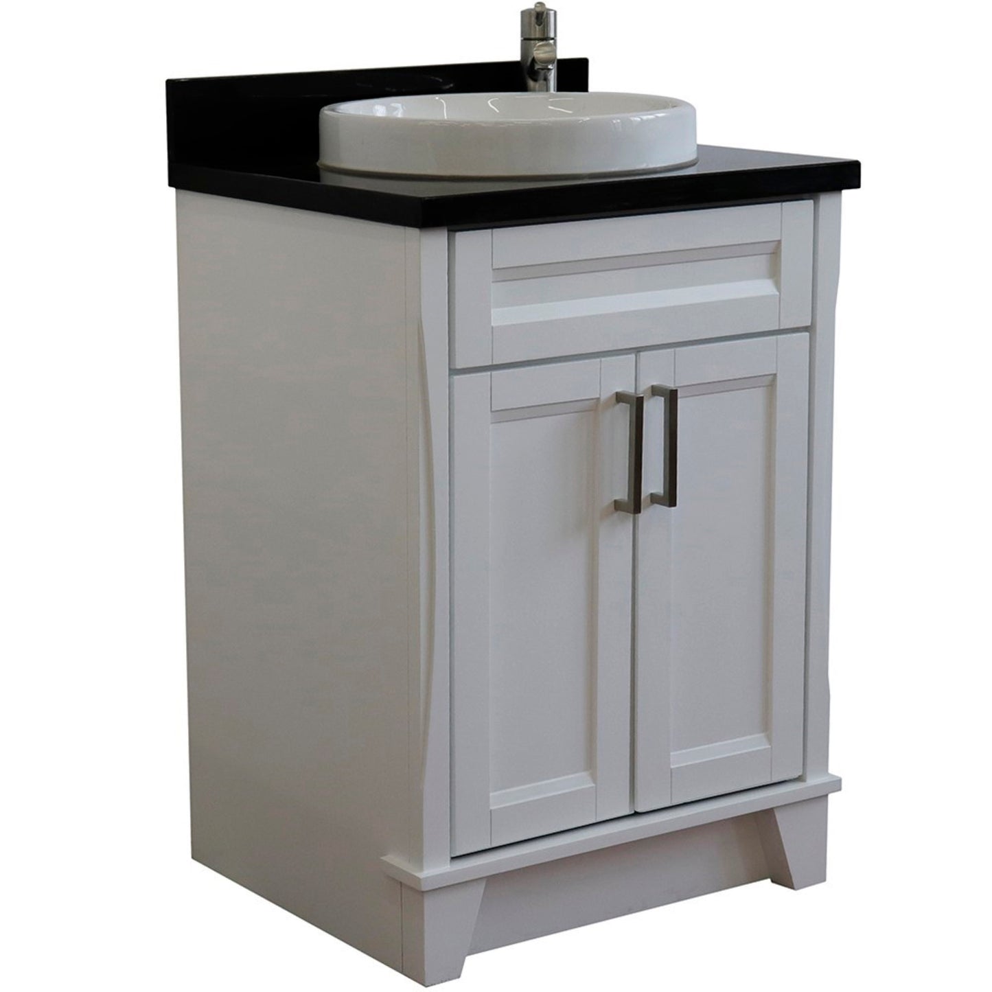 25" Single sink vanity in White finish with Black galaxy granite and round sink