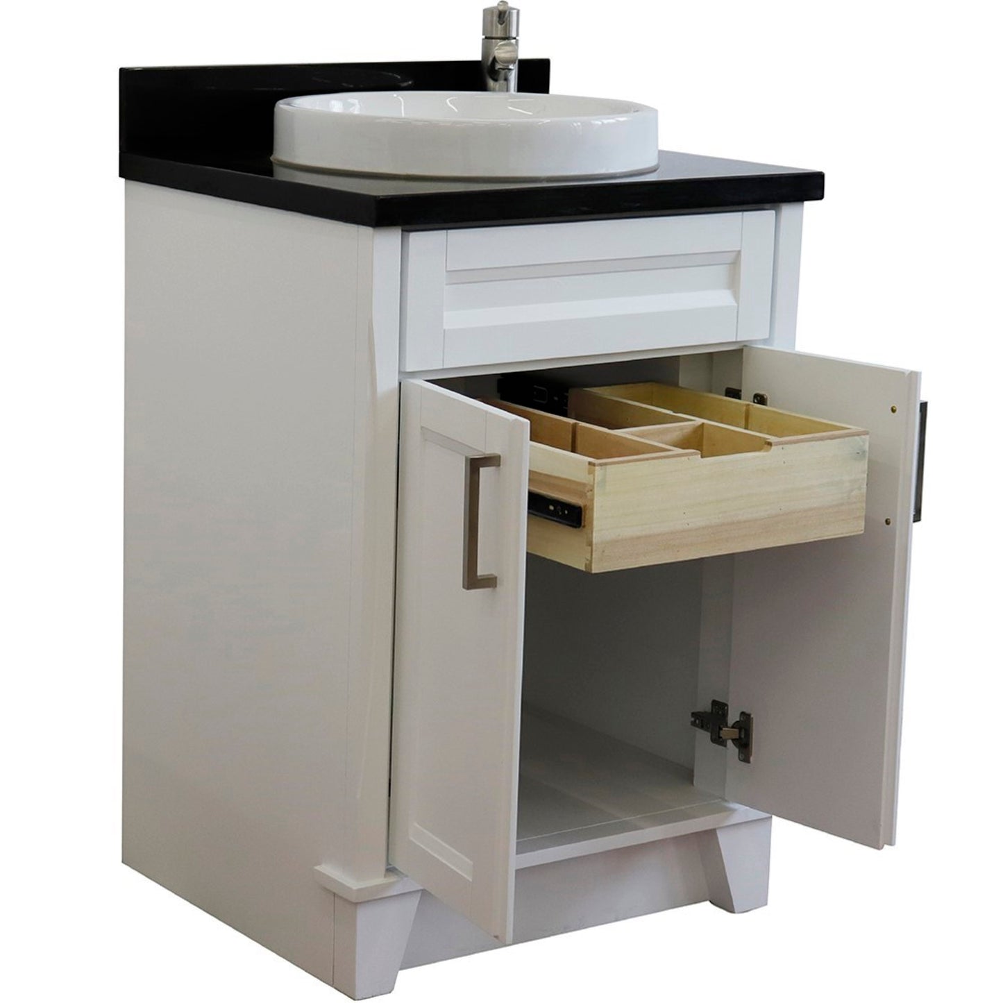 25" Single sink vanity in White finish with Black galaxy granite and round sink