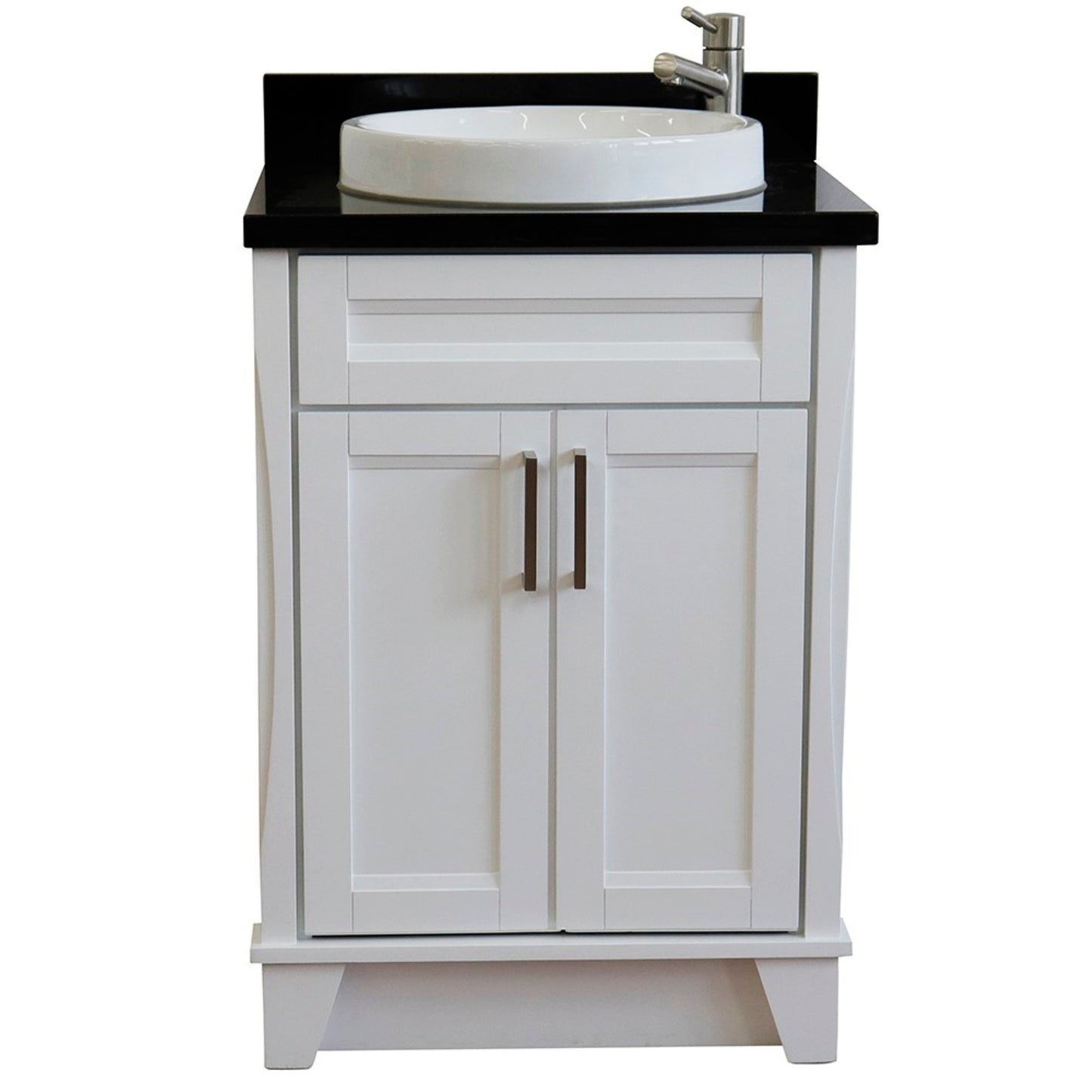 25" Single sink vanity in White finish with Black galaxy granite and round sink