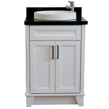 25" Single sink vanity in White finish with Black galaxy granite and round sink