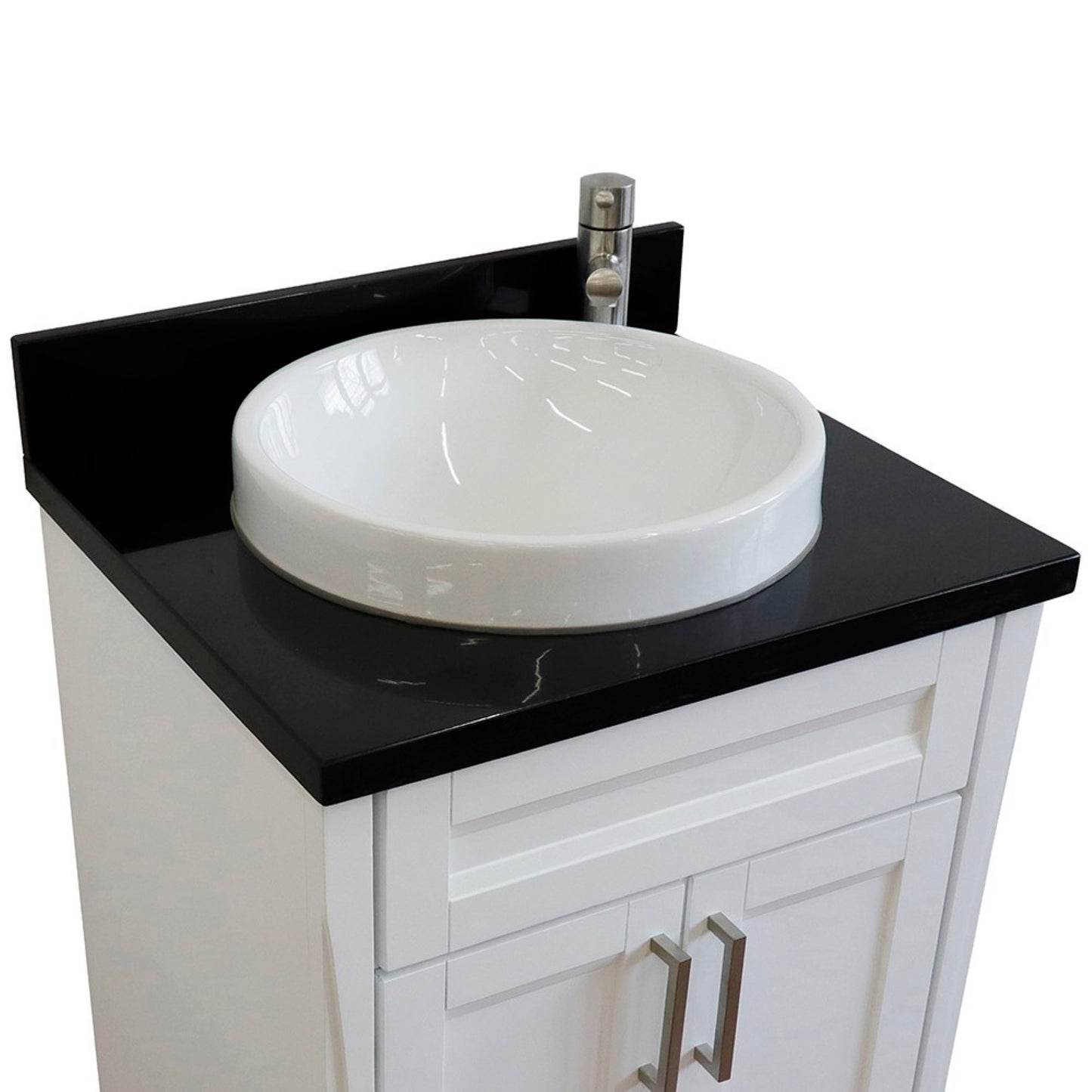 25" Single sink vanity in White finish with Black galaxy granite and round sink
