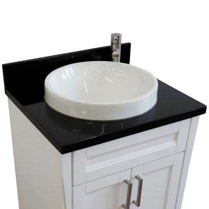25" Single sink vanity in White finish with Black galaxy granite and round sink