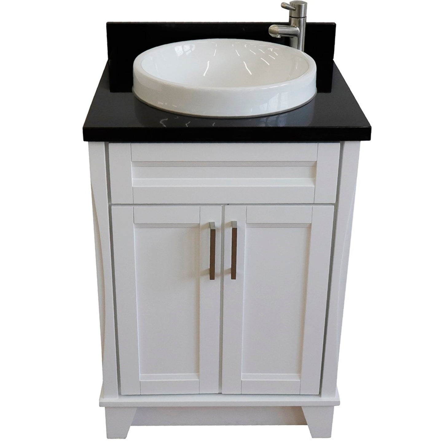 25" Single sink vanity in White finish with Black galaxy granite and round sink