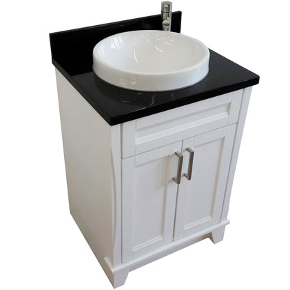 25" Single sink vanity in White finish with Black galaxy granite and round sink
