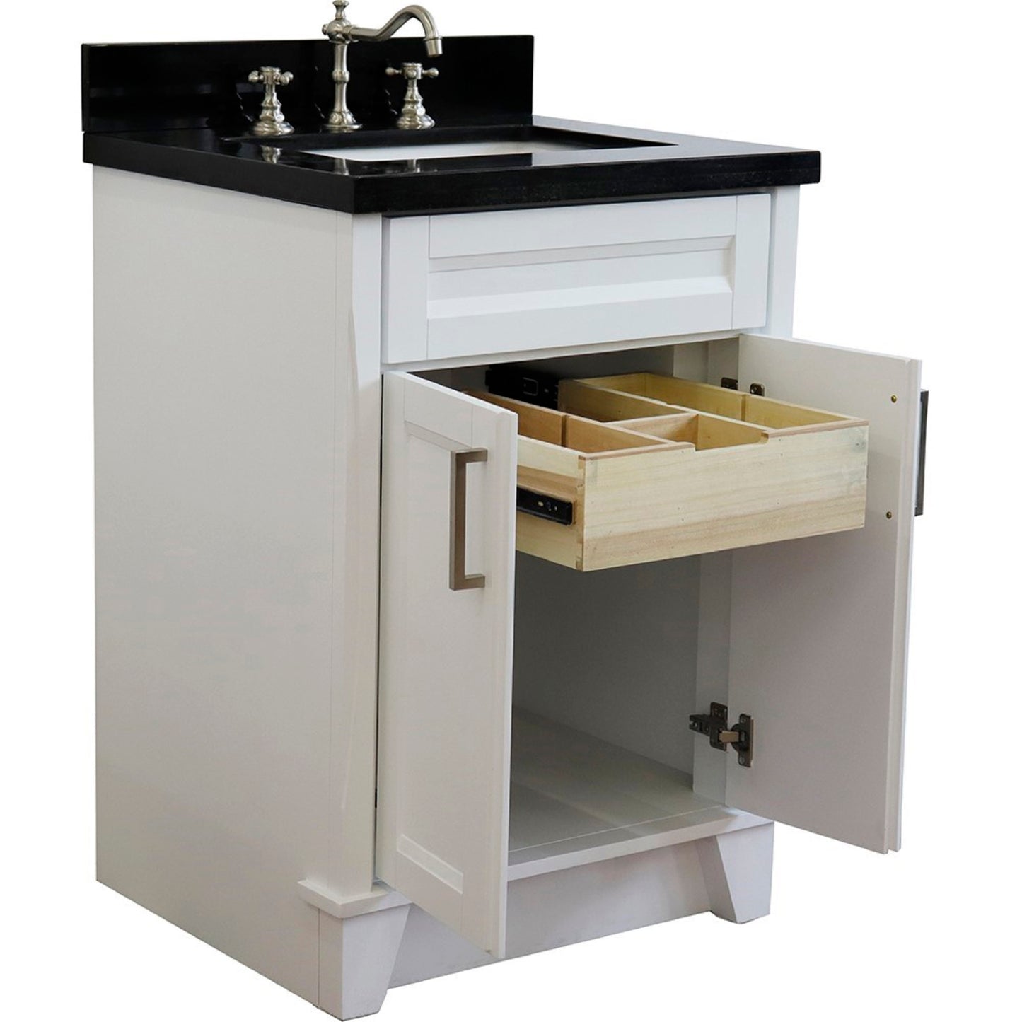 25" Single sink vanity in White finish with Black galaxy granite and rectangle sink