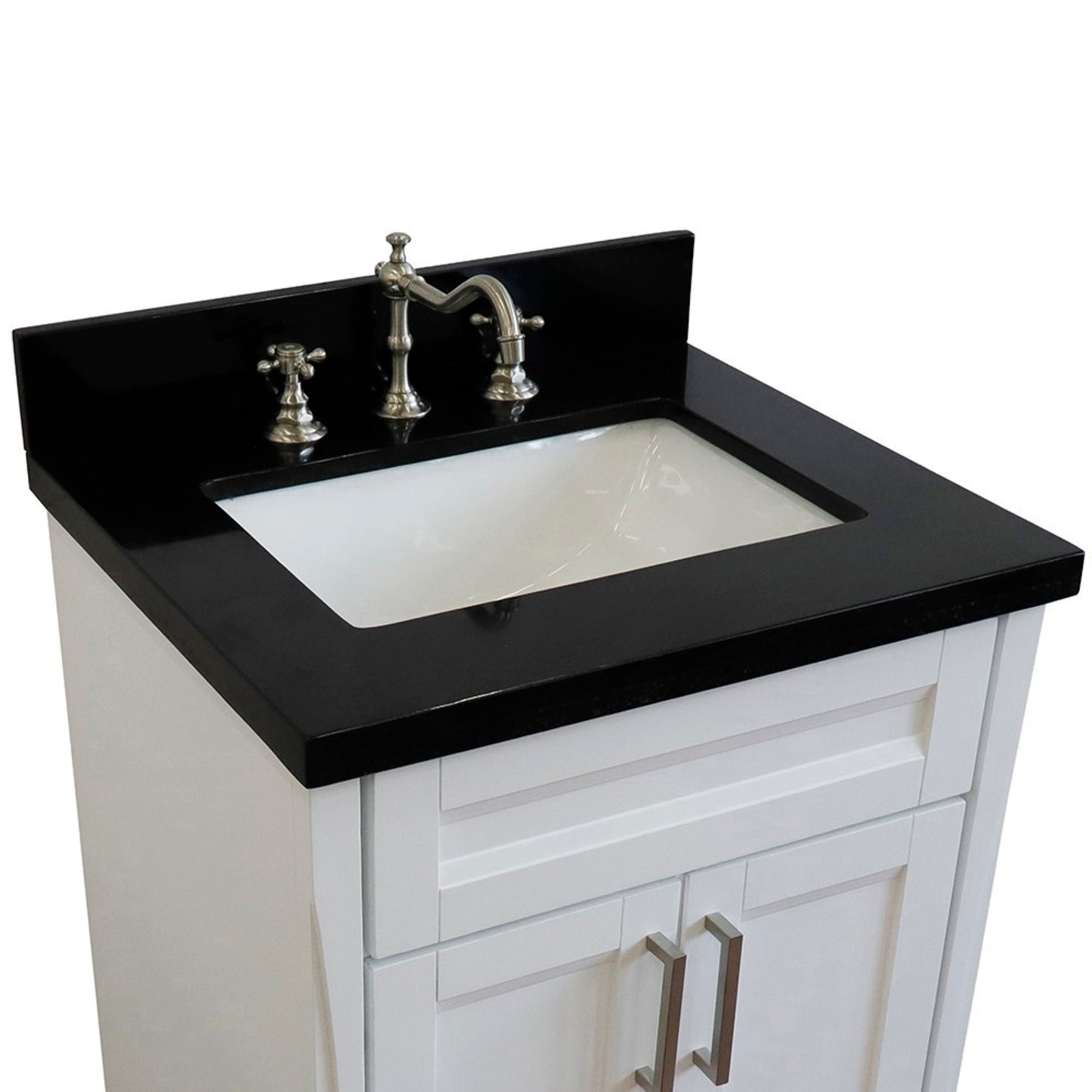 25" Single sink vanity in White finish with Black galaxy granite and rectangle sink
