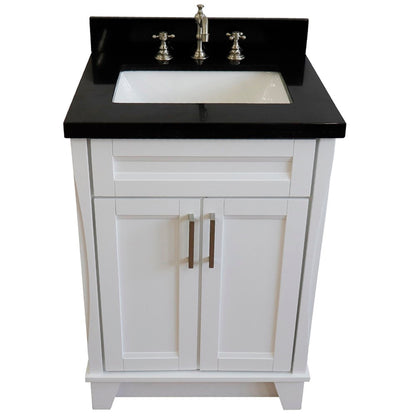 25" Single sink vanity in White finish with Black galaxy granite and rectangle sink