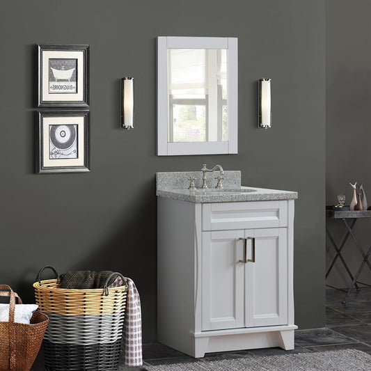 25" Single sink vanity in White finish with Gray granite and oval sink