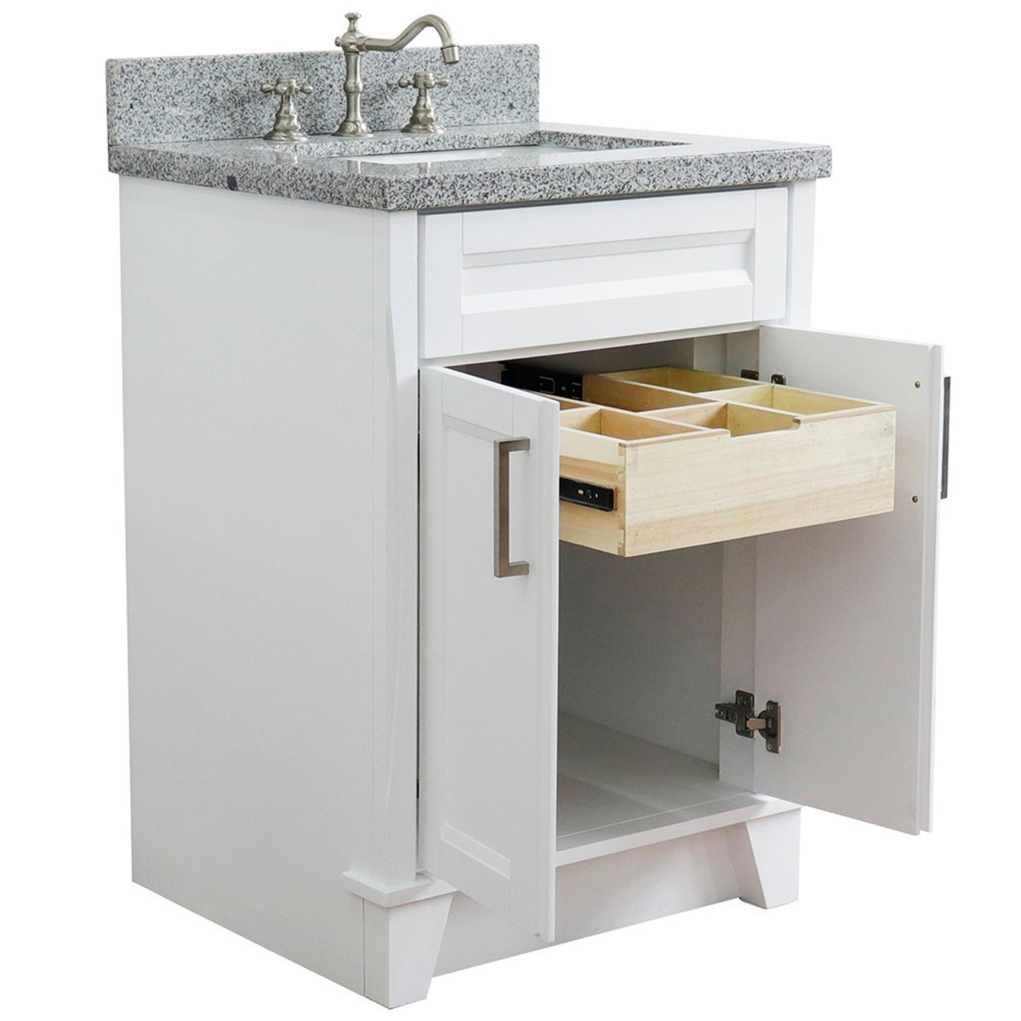 25" Single sink vanity in White finish with Gray granite and rectangle sink
