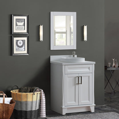 25" Single sink vanity in White finish with White engineered stone and round sink