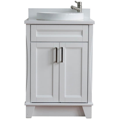 25" Single sink vanity in White finish with White engineered stone and round sink