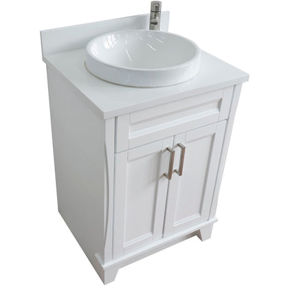 25" Single sink vanity in White finish with White engineered stone and round sink