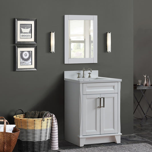 25" Single sink vanity in White finish with White engineered stone and rectangle sink