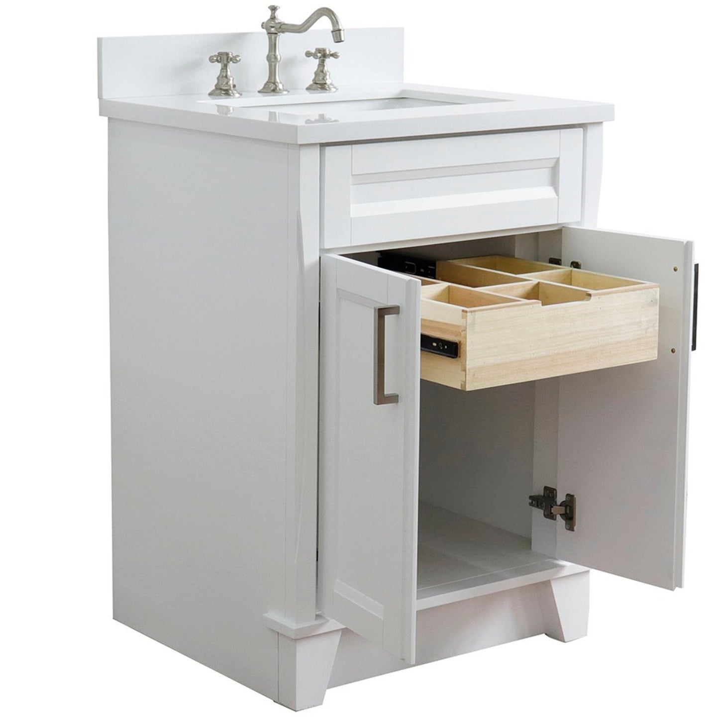 25" Single sink vanity in White finish with White engineered stone and rectangle sink