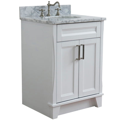 25" Single sink vanity in White finish with White Carrara marble and oval sink