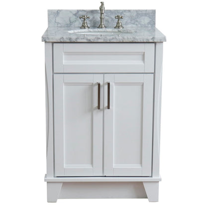 25" Single sink vanity in White finish with White Carrara marble and oval sink