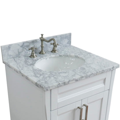 25" Single sink vanity in White finish with White Carrara marble and oval sink