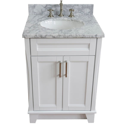 25" Single sink vanity in White finish with White Carrara marble and oval sink