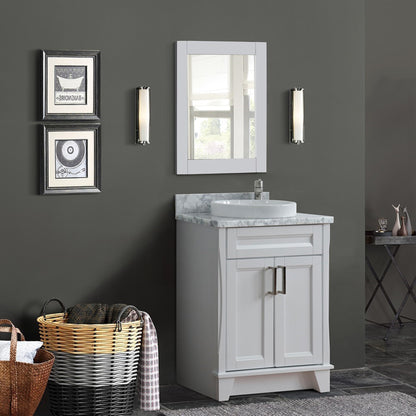25" Single sink vanity in White finish with White Carrara marble and round sink