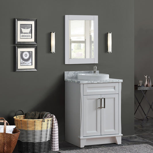 25" Single sink vanity in White finish with White Carrara marble and round sink