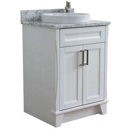 25" Single sink vanity in White finish with White Carrara marble and round sink