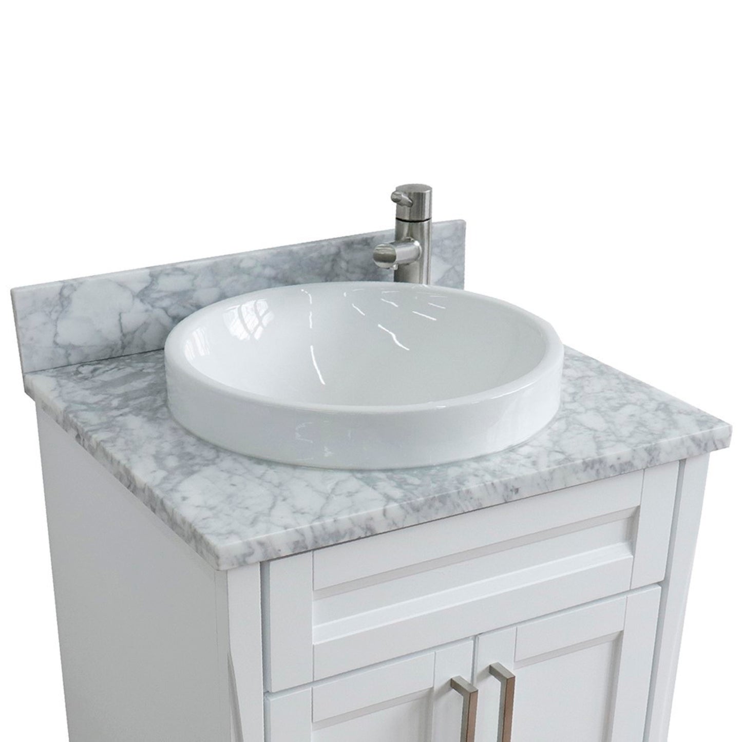25" Single sink vanity in White finish with White Carrara marble and round sink