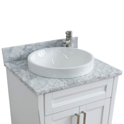 25" Single sink vanity in White finish with White Carrara marble and round sink