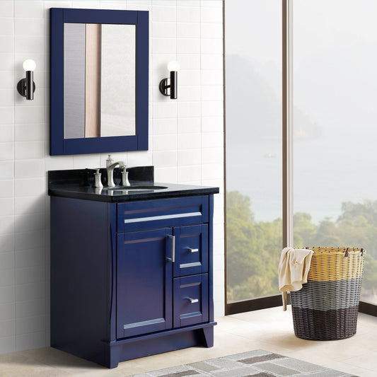 31" Single sink vanity in Blue finish with Black galaxy granite with oval sink