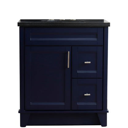 31" Single sink vanity in Blue finish with Black galaxy granite with oval sink