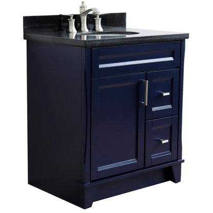 31" Single sink vanity in Blue finish with Black galaxy granite with oval sink