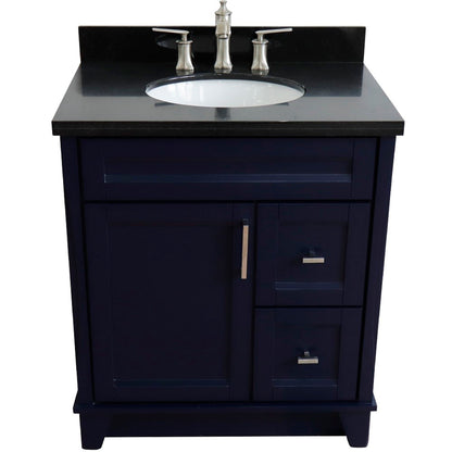 31" Single sink vanity in Blue finish with Black galaxy granite with oval sink