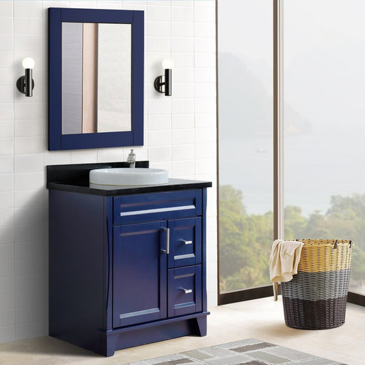 31" Single sink vanity in Blue finish with Black galaxy granite with round sink