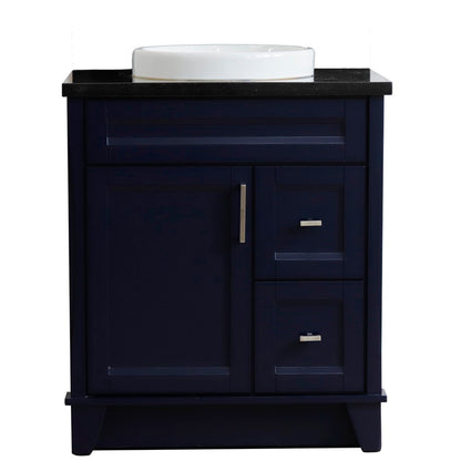31" Single sink vanity in Blue finish with Black galaxy granite with round sink