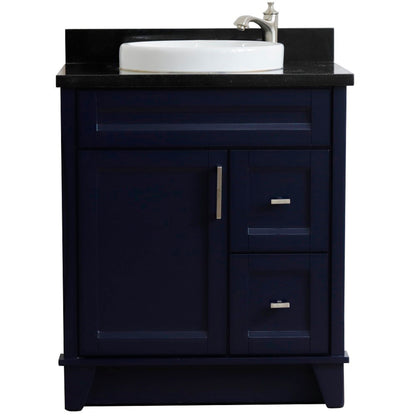 31" Single sink vanity in Blue finish with Black galaxy granite with round sink