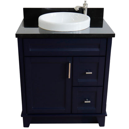31" Single sink vanity in Blue finish with Black galaxy granite with round sink