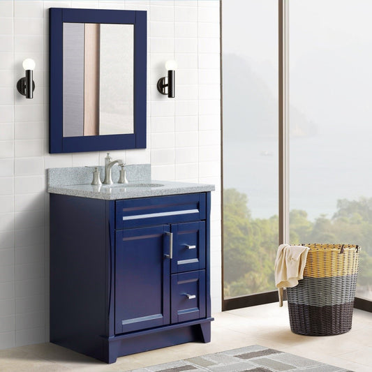 31" Single sink vanity in Blue finish with Gray granite with oval sink