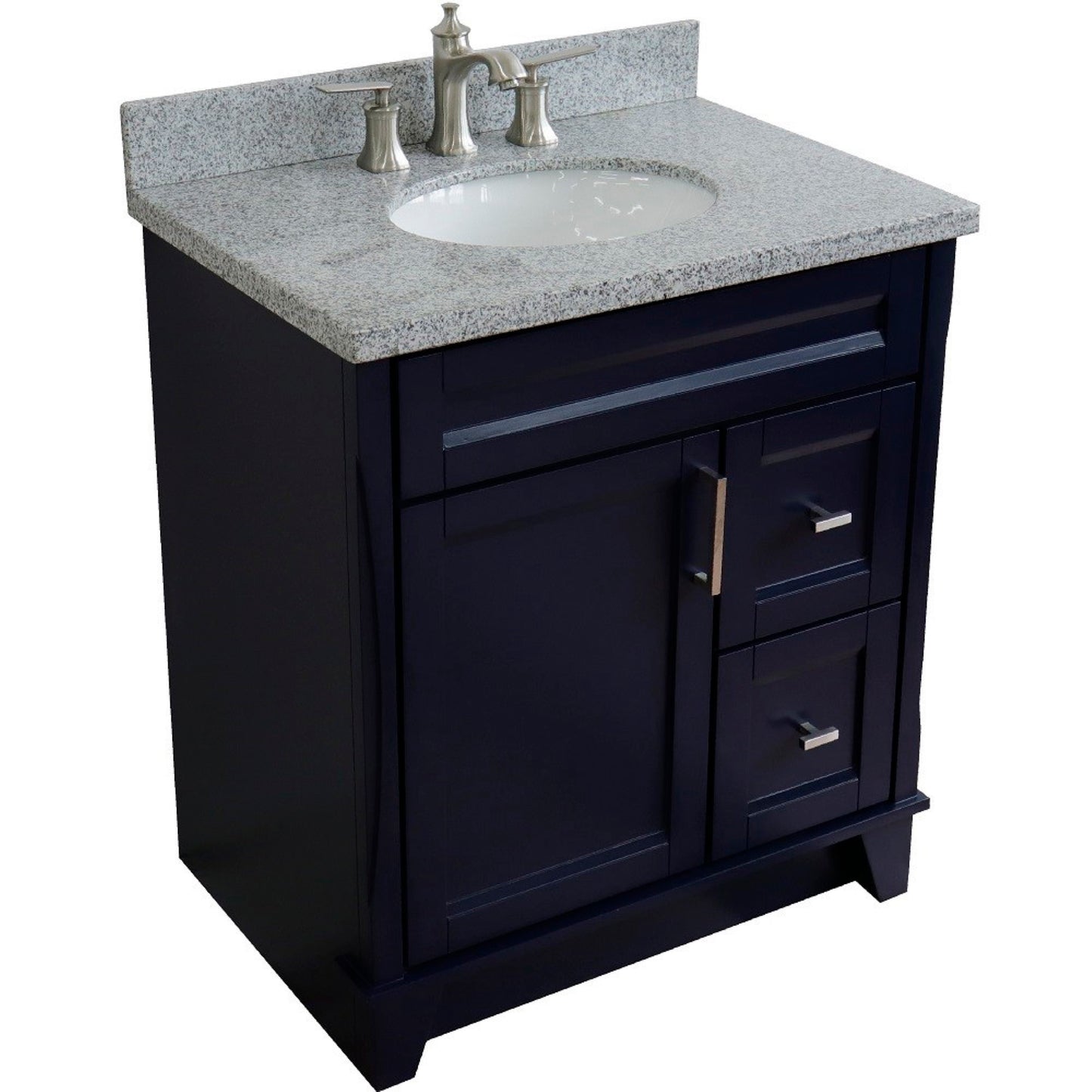 31" Single sink vanity in Blue finish with Gray granite with oval sink